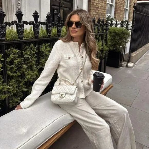 NEW Gold Button Tweed Textured Knit Sweater Cardigan Jacket - Cream Ivory - Picture 2 of 14